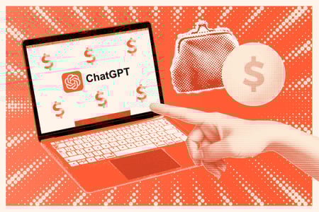 graphic of a computer with the chatgpt logo on it and a halftone wallet and dollar sign